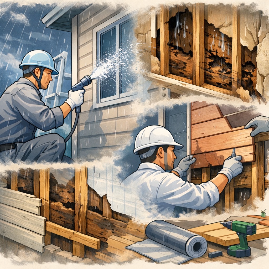 雨漏りは外より中で進む。散水調査→外壁撤去→貼り替えが必要になった理由🏞️