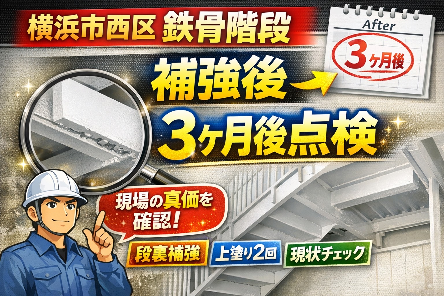 横浜市西区の鉄骨階段補修から3ヶ月後｜段裏溶接補強と塗装後の状態を点検しました🐻‍❄️