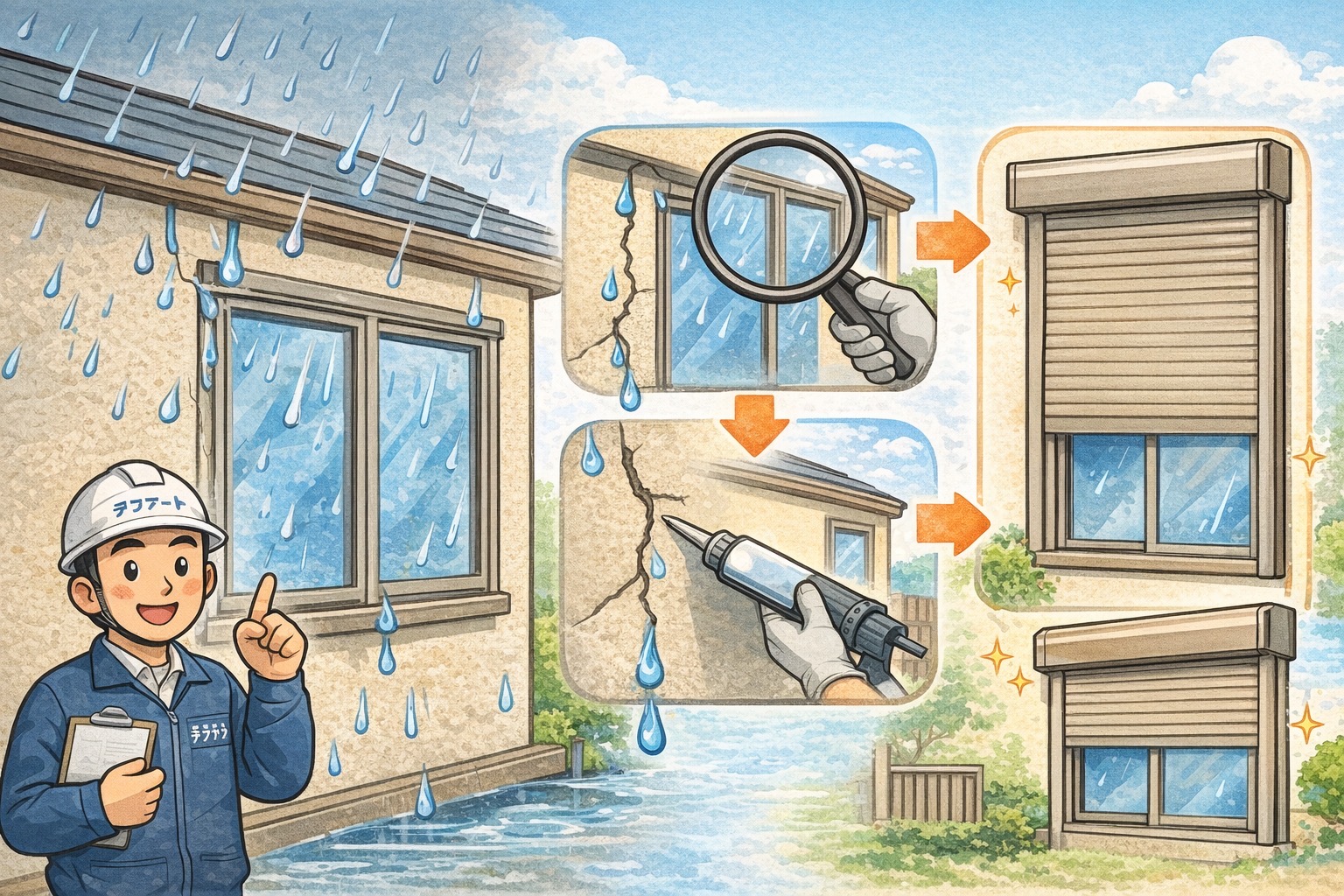 横浜市旭区｜後付けシャッターの前に止まりたい。窓まわりの雨漏りは、何を先に調べて、どこから直すか🐓