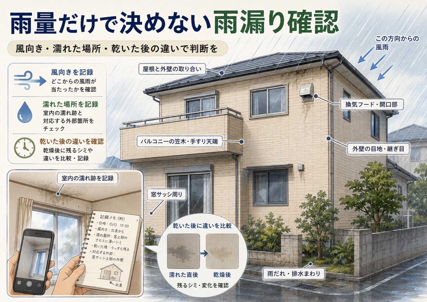 横浜市旭区｜台風の雨漏りは雨量だけで決めず、風向き・濡れた場所・乾いた後の差⏰